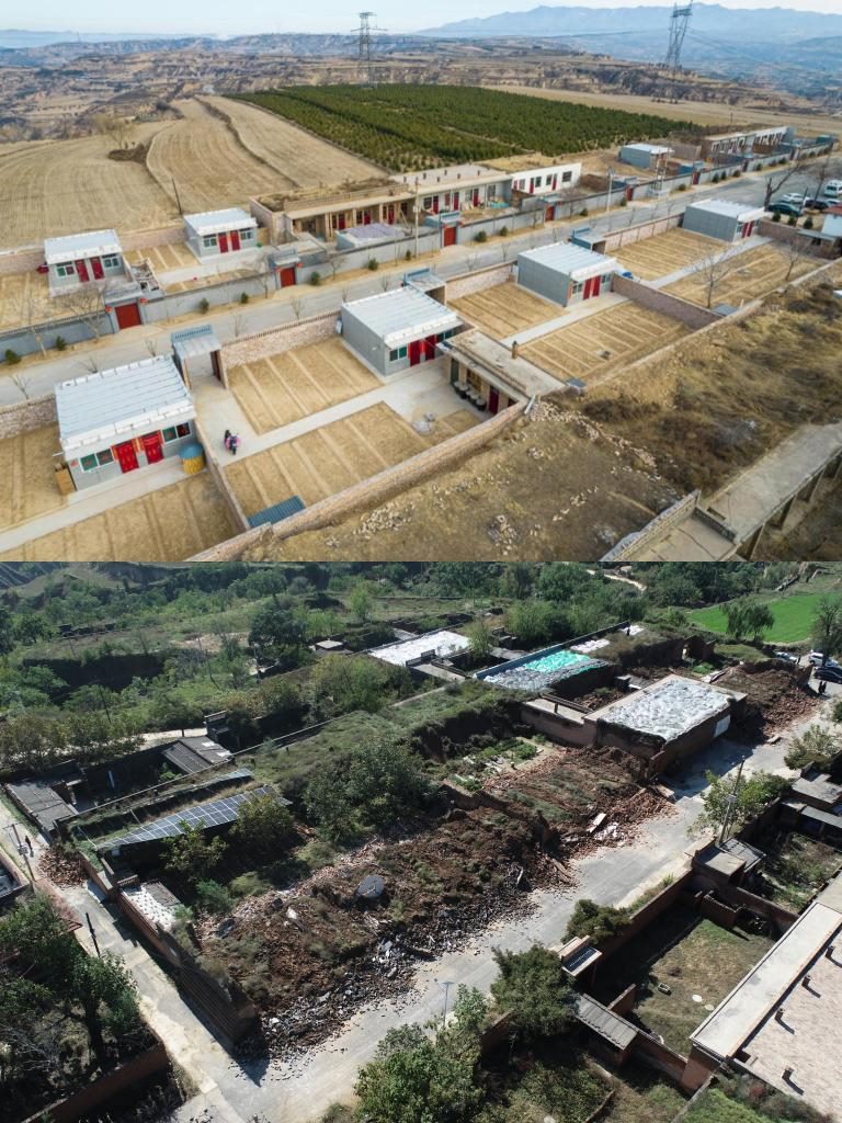 拼版照片，上圖是2022年1月山西省霍州市師莊鄉(xiāng)馮南垣村災(zāi)后恢復(fù)重建后的場(chǎng)景，下圖是2021年10月村莊因?yàn)?zāi)受損的場(chǎng)景。(霍州市委宣傳部供圖)