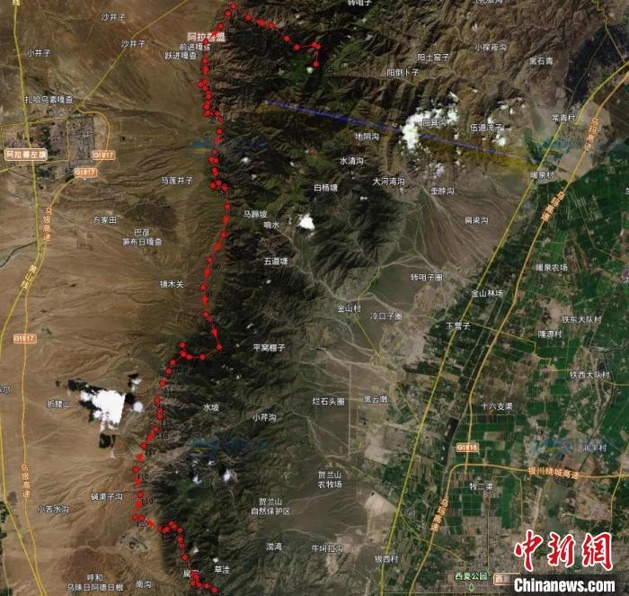圖為雪豹在春節(jié)前后的活動軌跡?！?nèi)蒙古賀蘭山國家級自然保護(hù)區(qū)供圖