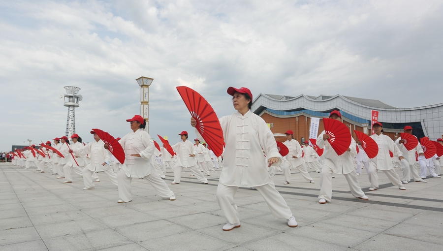 十四冬倒計(jì)時200天全面健身系列活動啟動儀式上的太極扇表演。（李峰 攝）.JPG