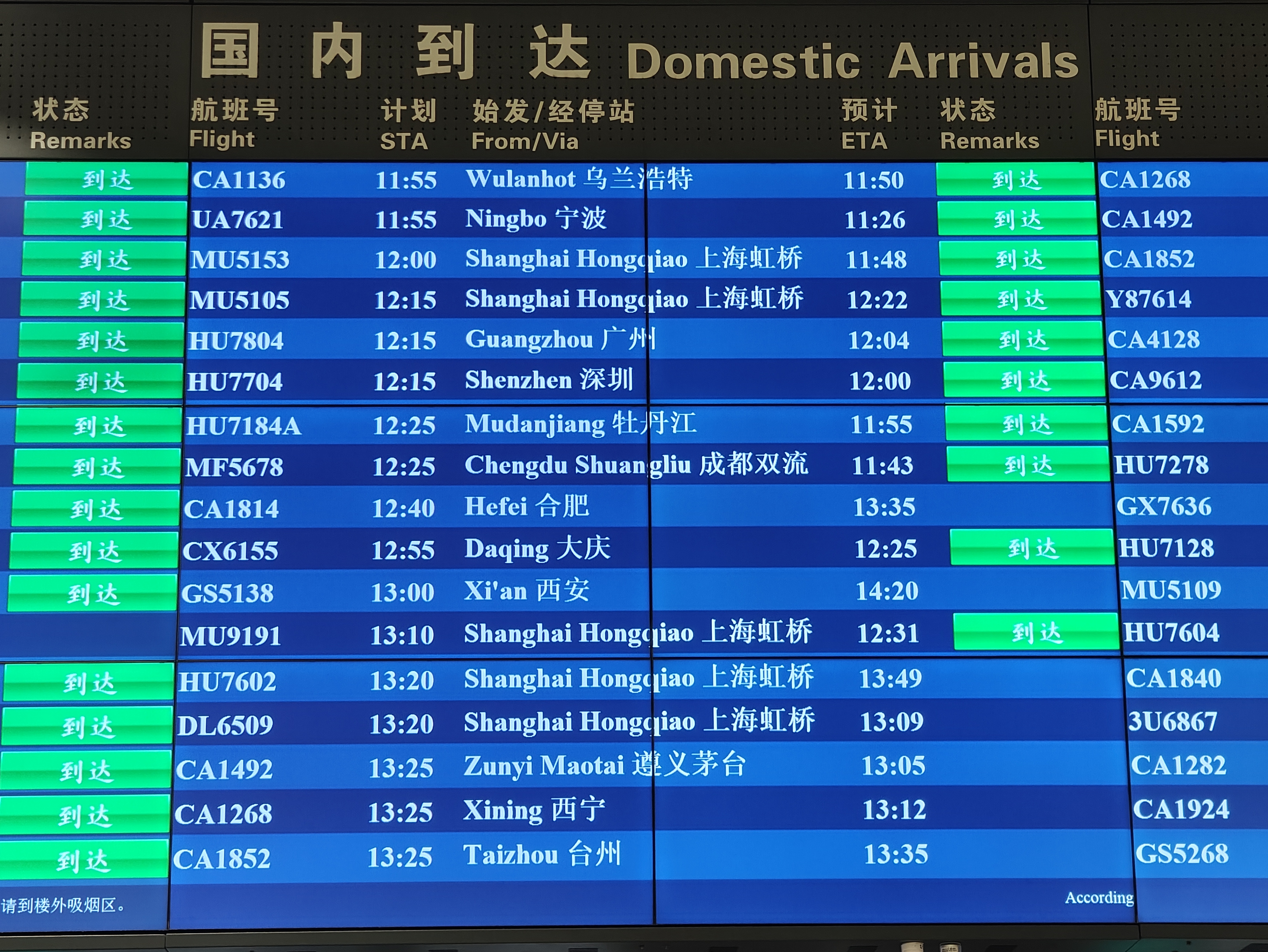 首都機(jī)場(chǎng)大屏顯示，MU9191航班于12:31順利到達(dá)。人民網(wǎng)記者 夏曉倫攝