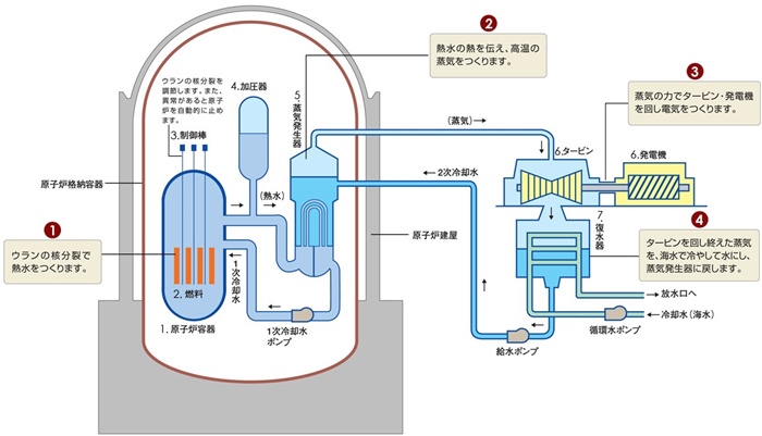 核電站運(yùn)作原理圖。通常的核電站排水未直接接觸核燃料。（圖片來源：日本北海道電力株式會(huì)社網(wǎng)站）