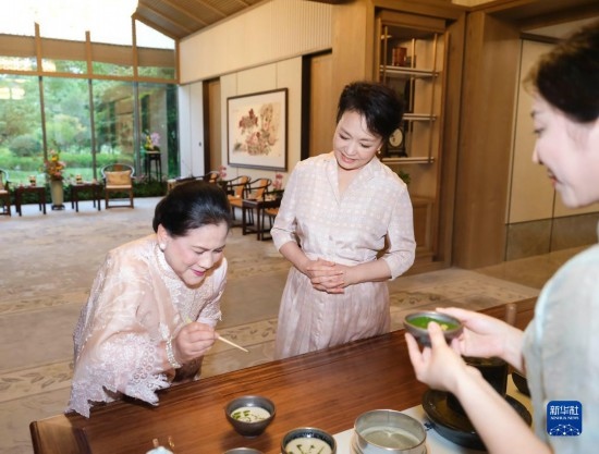 7月27日下午，國(guó)家主席習(xí)近平夫人彭麗媛在四川成都會(huì)見陪同印度尼西亞總統(tǒng)佐科來華出席第31屆世界大學(xué)生夏季運(yùn)動(dòng)會(huì)開幕式并訪華的總統(tǒng)夫人伊莉亞娜。這是彭麗媛邀請(qǐng)伊莉亞娜觀看茶藝表演，并同伊莉亞娜親切茶敘。新華社記者 丁林 攝