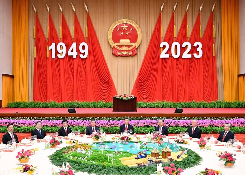 △2023年9月28日，慶祝中華人民共和國成立74周年招待會在北京人民大會堂舉行。