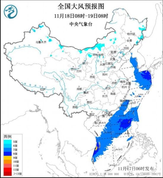全國大風預報圖(11月18日08時-19日08時)