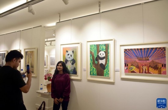 11月22日，在孟加拉國達(dá)卡，人們在“國家印象”繪畫展上參觀拍照。新華社發(fā)（薩利姆攝）