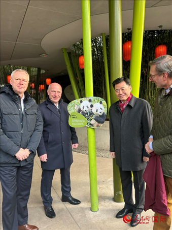 中國(guó)駐德國(guó)大使吳懇（右二）、柏林市長(zhǎng)韋格納（左二）、動(dòng)物園園長(zhǎng)克尼里姆（右一）和監(jiān)事會(huì)主席布魯克曼（左一）共同為“夢(mèng)想”“夢(mèng)圓”大熊貓紀(jì)念牌揭幕。人民網(wǎng)記者 徐馨攝
