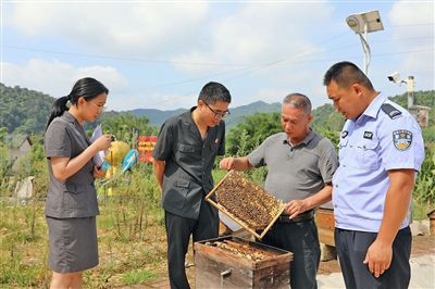  圖②：蒙山法院黃村法庭法官深入蜂蜜合作社，實(shí)地了解蜂農(nóng)需求。