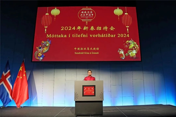 中國駐冰島大使何儒龍致辭。中國駐冰島大使館供圖