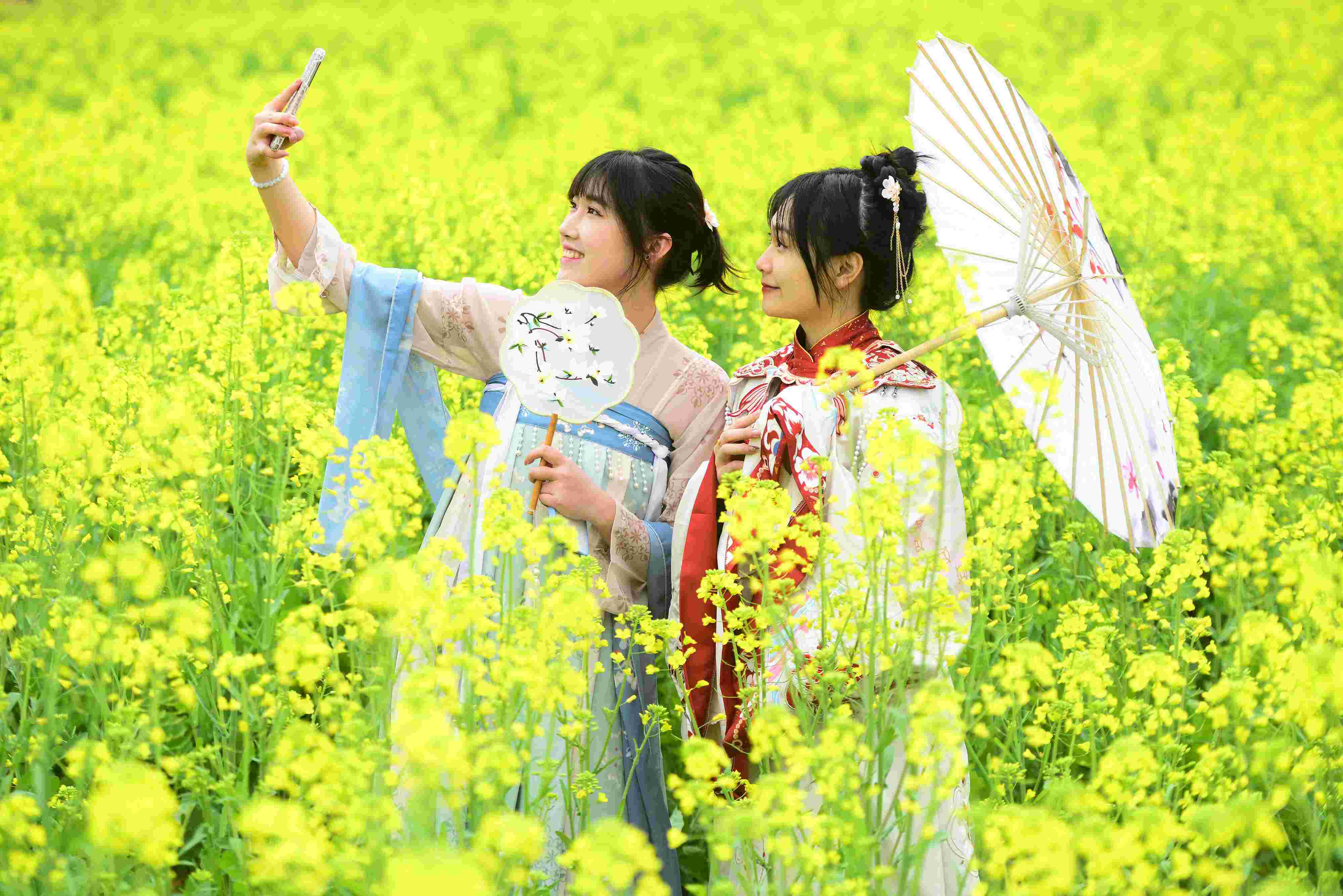 △ 2024年2月16日，廣西賀州，在富川瑤族自治縣麥嶺鎮(zhèn)三民村，游客在油菜花田間賞花拍照。