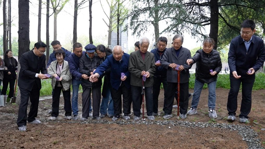 南京大屠殺幸存者代表、死難者遺屬代表等在紀(jì)念館的和平公園里，播撒下紫金草的種子。新華社記者林凱 攝