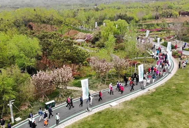 4月27日，登山愛好者在浮山森林公園參加登山健身活動（無人機照片）。新華社記者 李紫恒攝