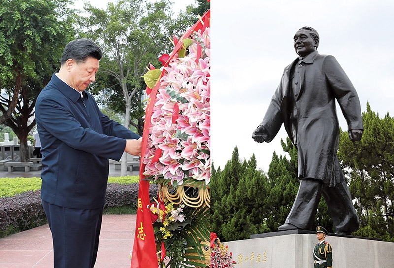 2020年10月14日，習(xí)近平總書記向深圳蓮花山公園鄧小平同志銅像敬獻(xiàn)花籃。