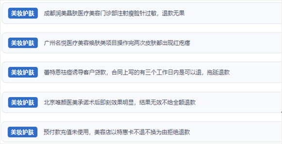 網(wǎng)友涉及醫(yī)美機(jī)構(gòu)虛假宣傳、誘導(dǎo)消費、致傷客戶、違約不退費等消費侵權(quán)的相關(guān)投訴。（“人民投訴”用戶投訴截圖）
