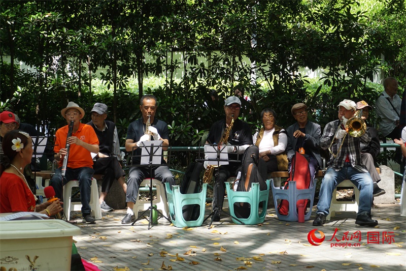 成都居民在公園里演奏歌曲。人民網(wǎng) 王禹蘅攝