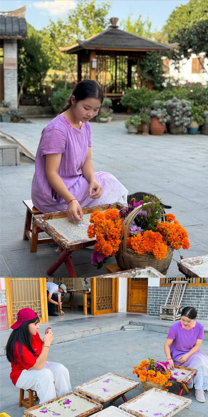 沒有女生不愛花。以古法造紙技藝為基礎(chǔ)，再輔以花草枝葉勾勒各式圖案，創(chuàng)作出花茂村獨(dú)具特色的紙漿壓花畫，少女手中的花是她眼中的風(fēng)景，而她與正在制作的紙漿壓花畫也是別人眼中的風(fēng)景。（哈薩克斯坦BAQ通訊社高級(jí)記者古爾詹·拉曼庫(kù)洛娃、張亞欣攝）