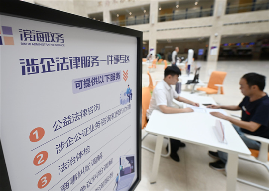 在天津濱海新區(qū)政務服務中心，工作人員在“涉企法律服務一件事”專區(qū)為市民提供服務（2024年7月31日攝）。新華社記者 趙子碩 攝