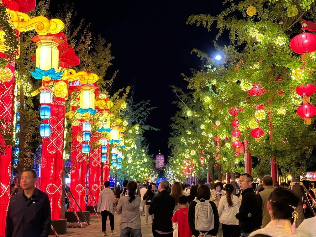 市民游客在2024年北京中秋國(guó)慶彩燈游園會(huì)欣賞彩燈。新華社記者楊淑君 攝