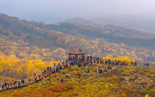 2024年9月27日，內(nèi)蒙古自治區(qū)赤峰市克什克騰旗烏蘭布統(tǒng)景區(qū)層林盡染，游人如織，風(fēng)光如畫(huà)。來(lái)源：人民圖片網(wǎng)