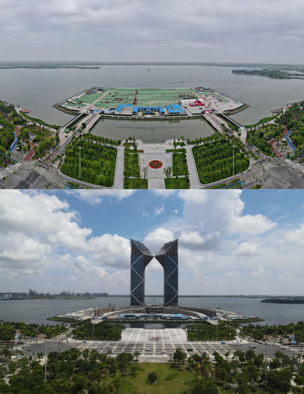 拼版照片：空中俯瞰中國(guó)（上海）自由貿(mào)易試驗(yàn)區(qū)臨港新片區(qū)滴水湖西島中銀金融中心項(xiàng)目現(xiàn)場(chǎng)（上圖為2021年6月20日攝，無(wú)人機(jī)照片；下圖為2024年8月14日攝，無(wú)人機(jī)照片）。2019年8月20日，臨港新片區(qū)揭牌成立，一個(gè)開(kāi)放新高地在長(zhǎng)江與東海交匯處日益崛起。
