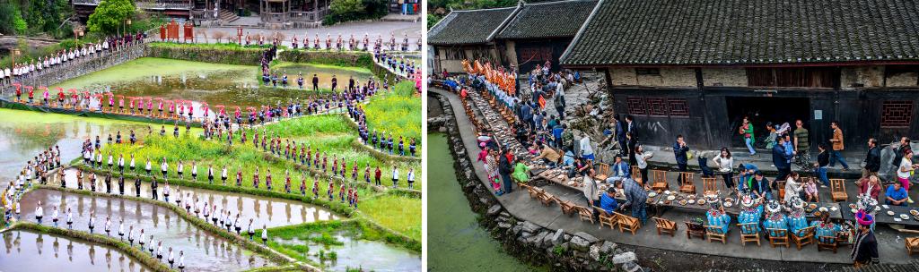 左圖：近期，人們?cè)诶杵娇h肇興侗寨的田園里演唱侗族大歌（黎平縣委宣傳部供圖）；右圖：這是2023年拍攝的十八洞村長(zhǎng)桌宴（湘西州委宣傳部供圖）。