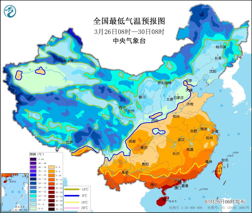 全國最低氣溫預(yù)報(bào)圖（3月26日08時-3月30日08時）