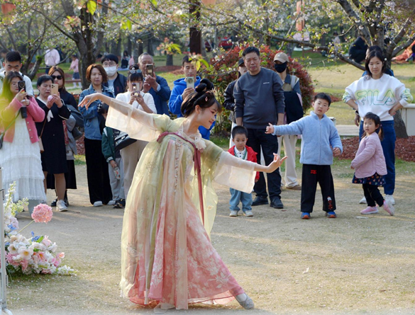 清明假期期間，上海顧村公園櫻花島上，游客在觀賞國風(fēng)漢服快閃表演。（圖片來源：視覺中國）